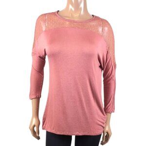 Suzy Shier Tunic Top Sheer Shoulder Cropped Sleeve Stretchy Rayon Blouse Salmon
